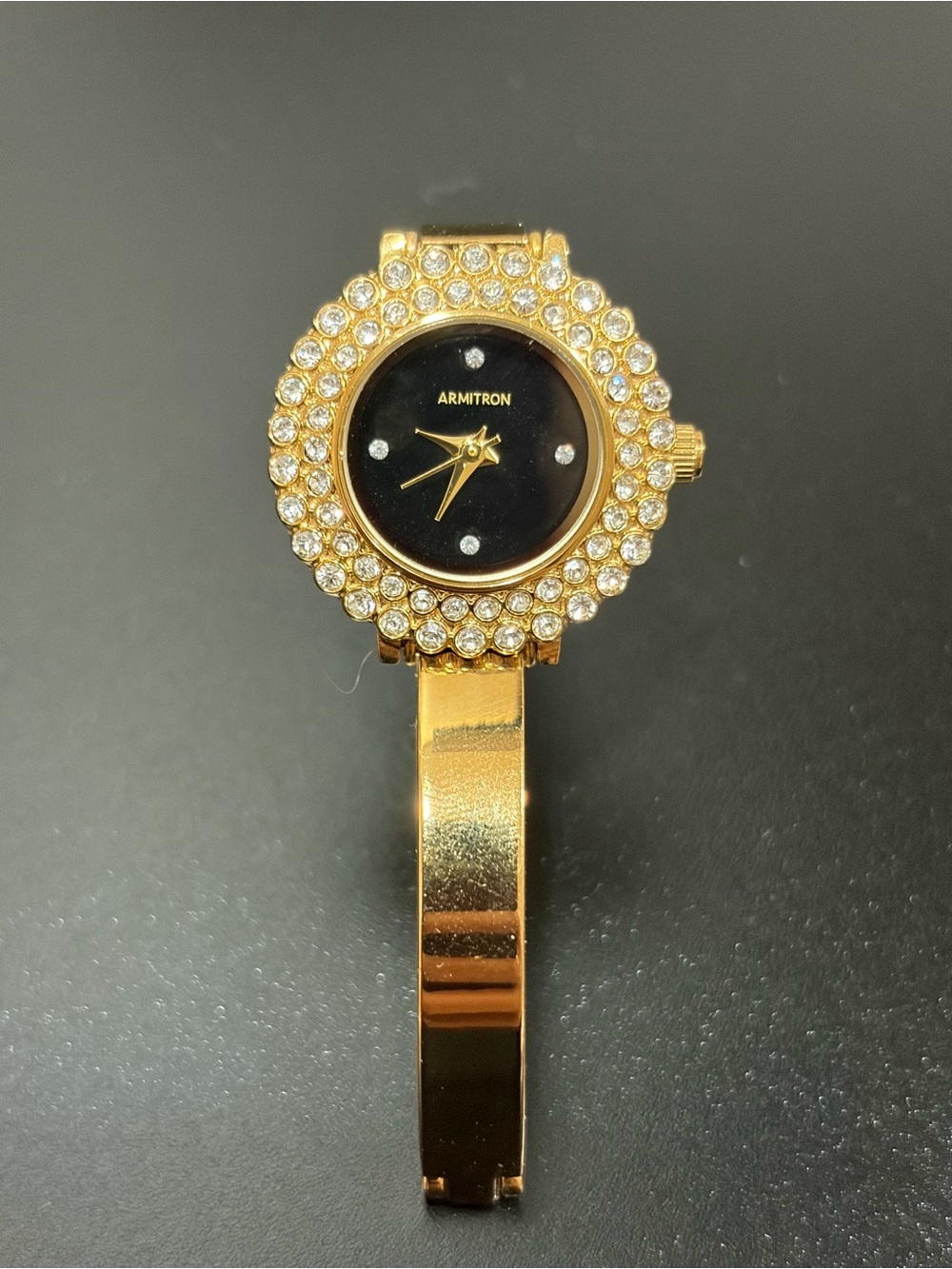 Armitron Gold-Tone Crystal Bangle Watch with Black Dial